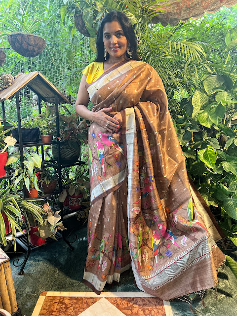 Copper Tussar saree with digital kota doria print with parrots