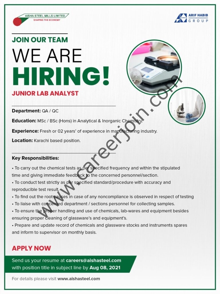 careers@aishasteel.com - Aisha Steel Mills Ltd ASML Jobs 2021 in Pakistan