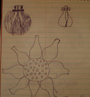 sketch of ringed petal vase and floral wall hanging