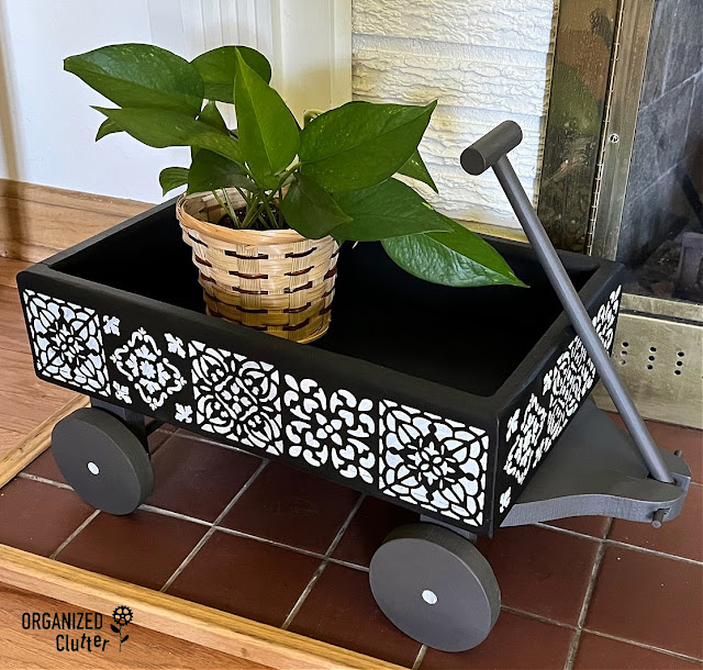 Photo of a small decor wagon upcycled with chalk paint and stencils.