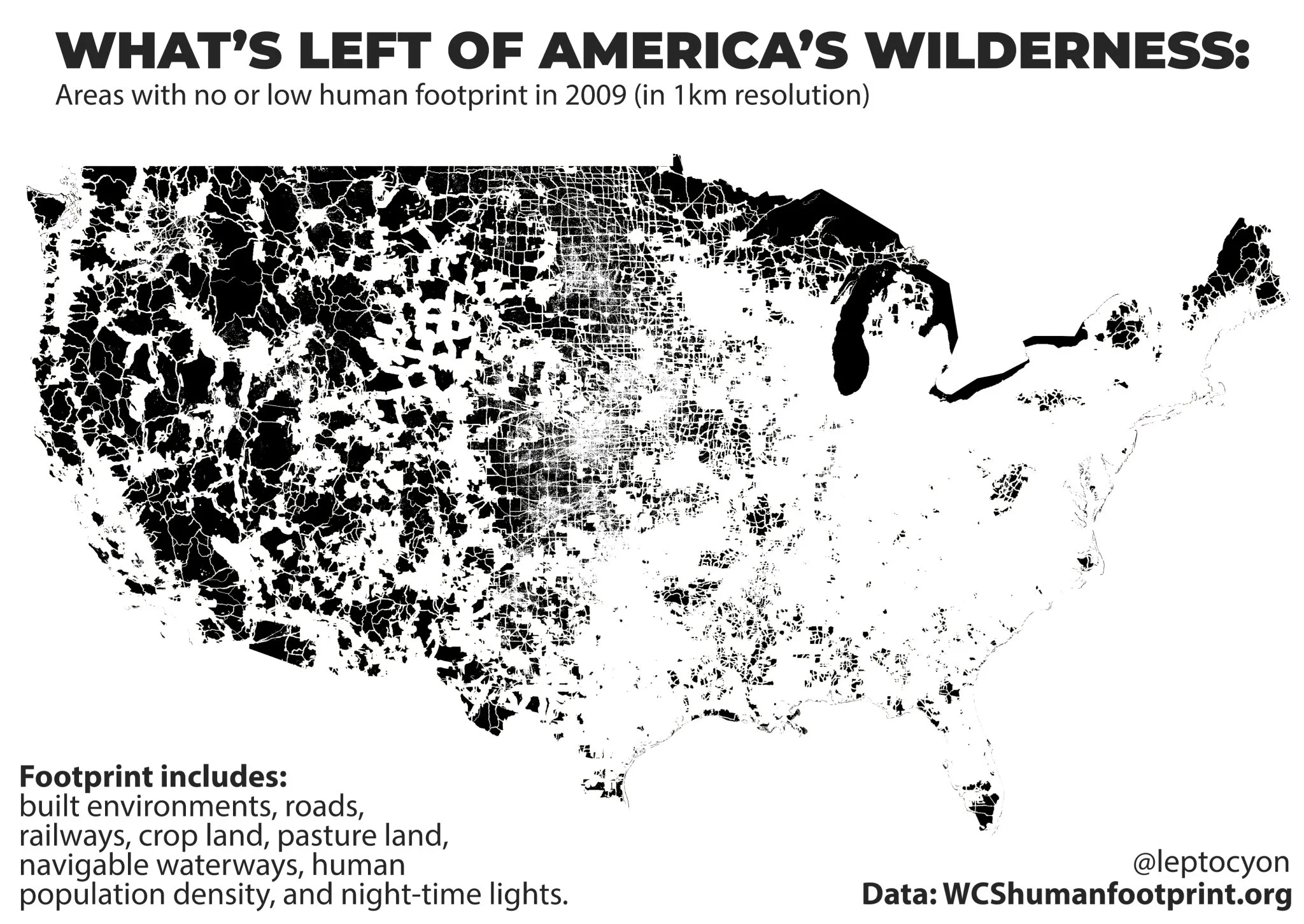 The U.S. areas with no or low human footprint