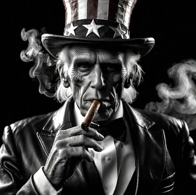 Black and white Uncle Sam wearing leather blazer and smoking cigar