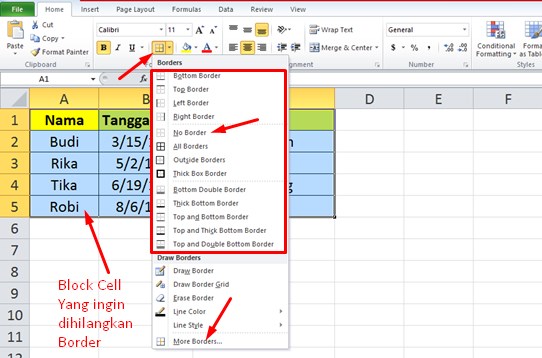 Menghapus Garis Di Excel Pada Tabel Melalui Menu Border