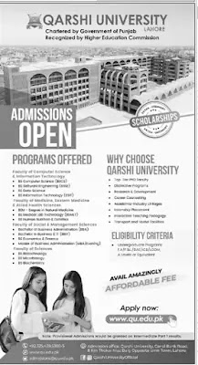 Qarshi University are offering distinctive programs for the students as well as Research & Development , Career Counselling and Academia-Industry Link