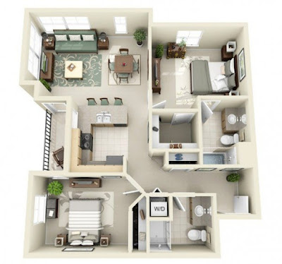 modern 2 bedroom 3d floor plan idea