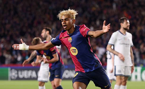 Lamine Yamal celebrates after scoring for FC Barcelona, potentially the next number 10 at the club