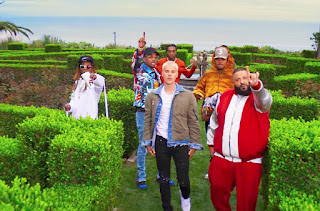 Image of DJ Khaled with Justin Bieber , Quavo , Chance The Rapper and Lil Wayne in the official music video set of I'm The One