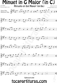 Partitura del Minueto en Tonalidad Do Mayor en Piano de Bach para Saxofón Alto y Sax Barítono by Minuet in C Major Sheet Music for Alto and Baritone Saxophone by Bach Music Scores