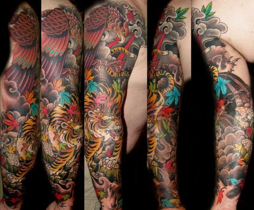 Sleeve tattoo design pictures Hawk and Snake tattoo
