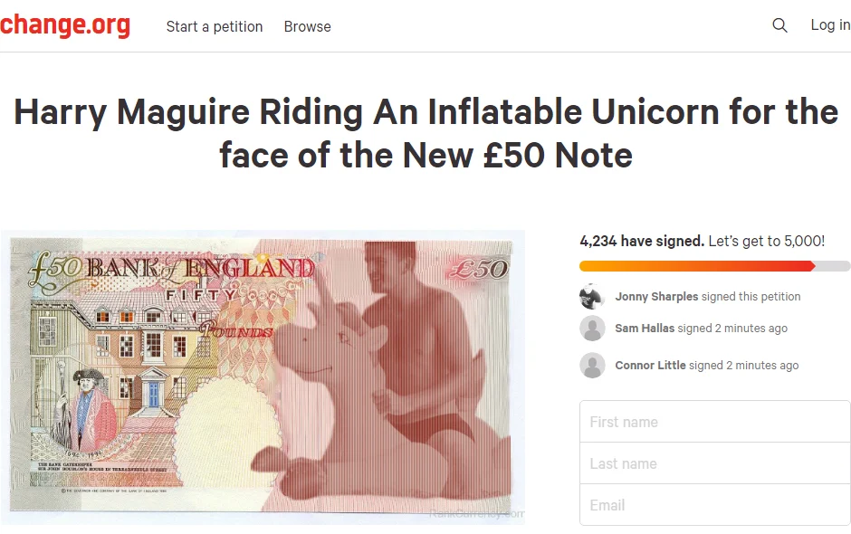 There's petition calling for Harry Maguire riding an inflatable unicorn to be put on the new £50 note