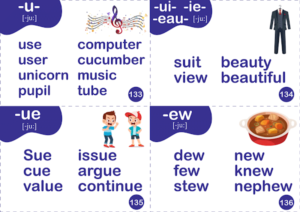 Long u sound words - printable flashcards for ESL students