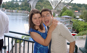 couple by the fremont bridge at a wedding