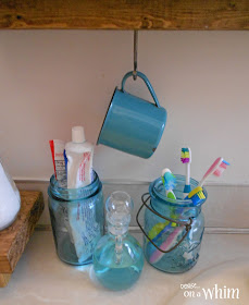Mason Jar Toothbrush Station, Enmelware Mug and Mouthwas in Glass Jar | Vintage Farmhouse Bathroom Makeover | Denise on a Whim