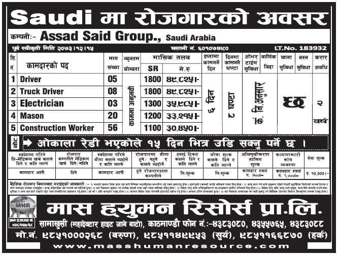 Jobs in Saudi Arabia for Nepali, Salary Rs 49,825