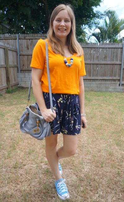 marigold orange tee with navy printed culotte shorts chloe paraty bag | awayfromblue summer mum outfit