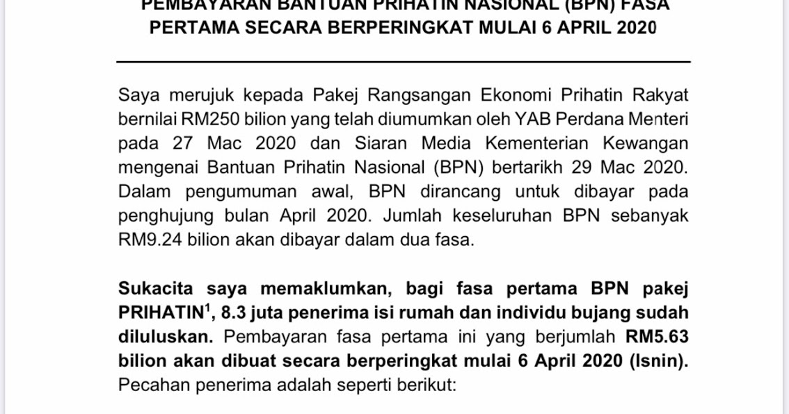 Covid-19 : Pembayaran Bantuan Prihatin Nasional (BPN) Pada 