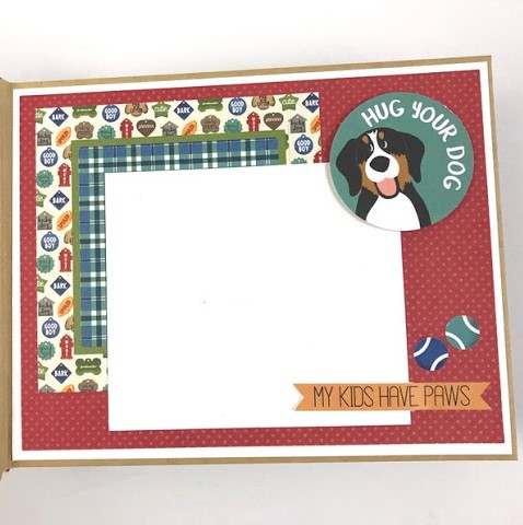 Dog Pet Scrapbook Mini Album Page with a dog, dog tags, and tennis balls