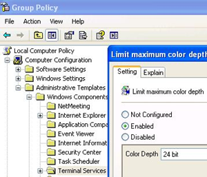 Use Group Policy editor to increase the color depth on remote computer