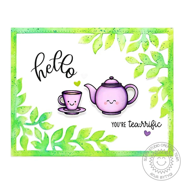 Sunny Studio Stamps: Tea-riffic Botanical Backdrop Dies Potted Rose Punny Everyday Card by Anja Bytyqi