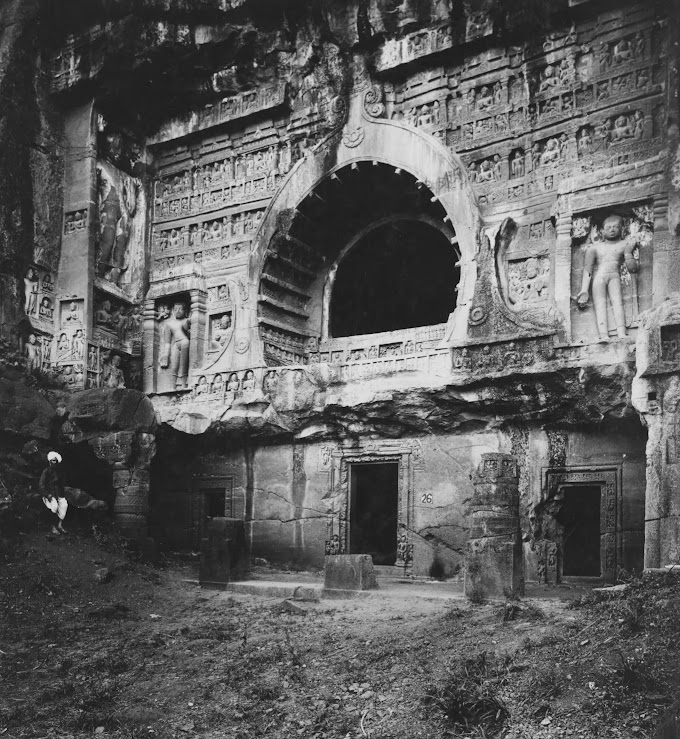 Cave 26 Entrance of Ajanta Caves, Aurangabad, Maharashtra, India | Rare & Old Vintage Photos (1870)