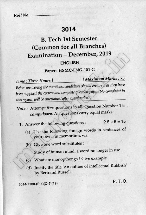 Download English - Question Paper - B.Tech. 1st Year - December 2019 for free