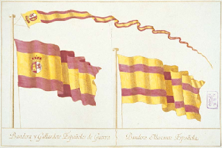 Bandeiras escolhidas por Carlos III em 1785 (documento conservado no Archivo Histórico Nacional, n.º 986; imagem disponível em La bandera, de Luis Grávalos).