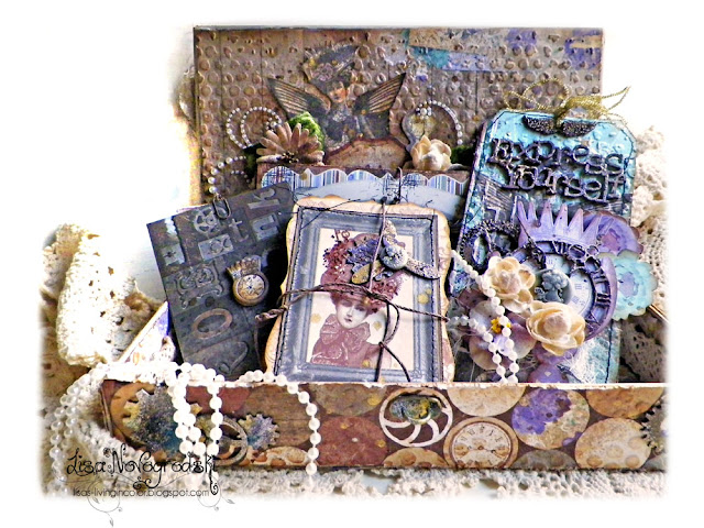 Mini album treasure box created by Lisa Novogrodski for Scraps of Darkness using the July 2015 Traceys Artful Adventure Kit