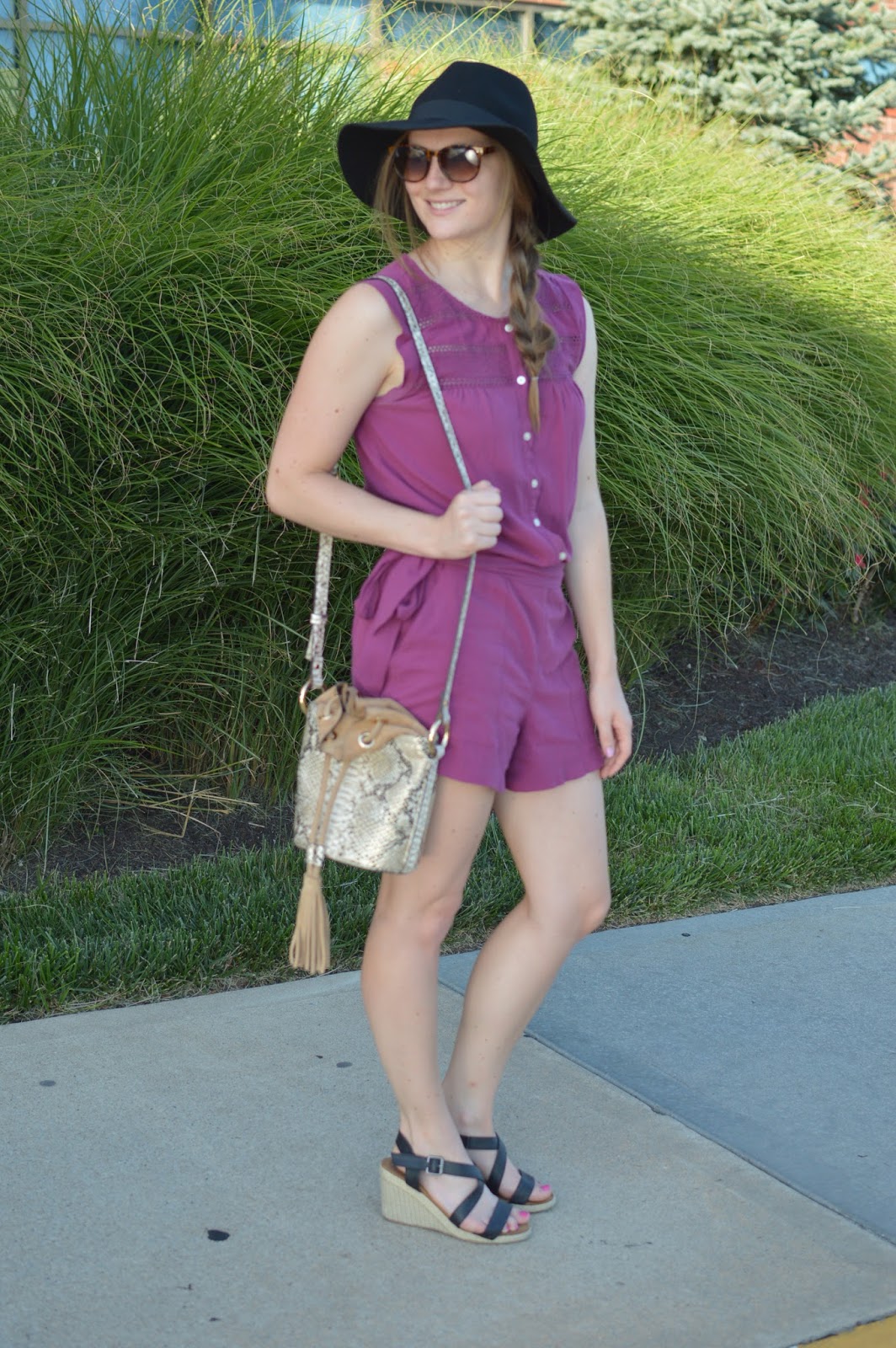 snakeskin bucket bag | your life styled | summer outfit ideas | cute outfits for summer | what to wear this summer | summer lookbook | lace burgundy romper | romper from loft