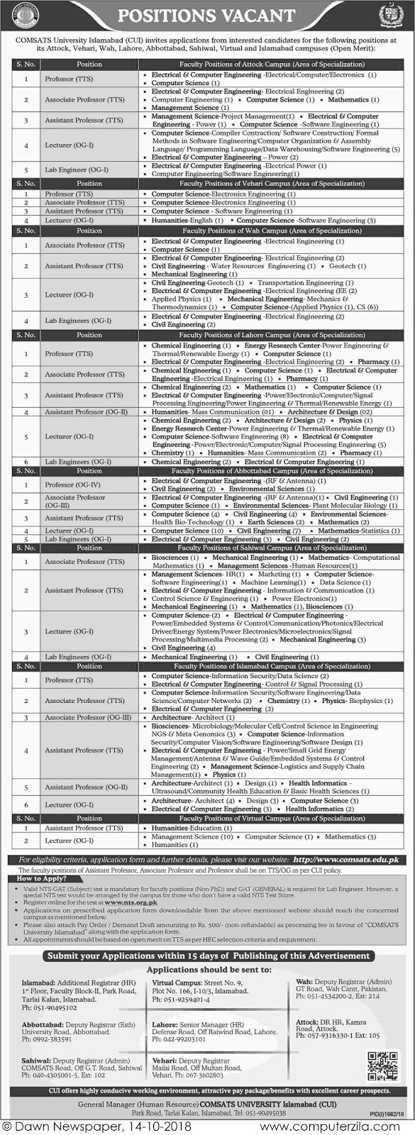 Positions Vacant at COMSATS University Islamabad