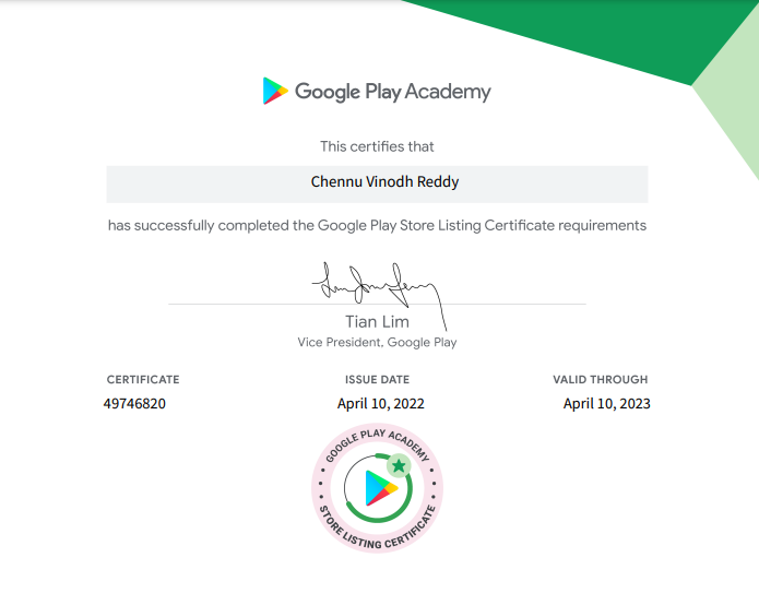 Google Play Store Listing Certificate of Chennu Vinodh Reddy