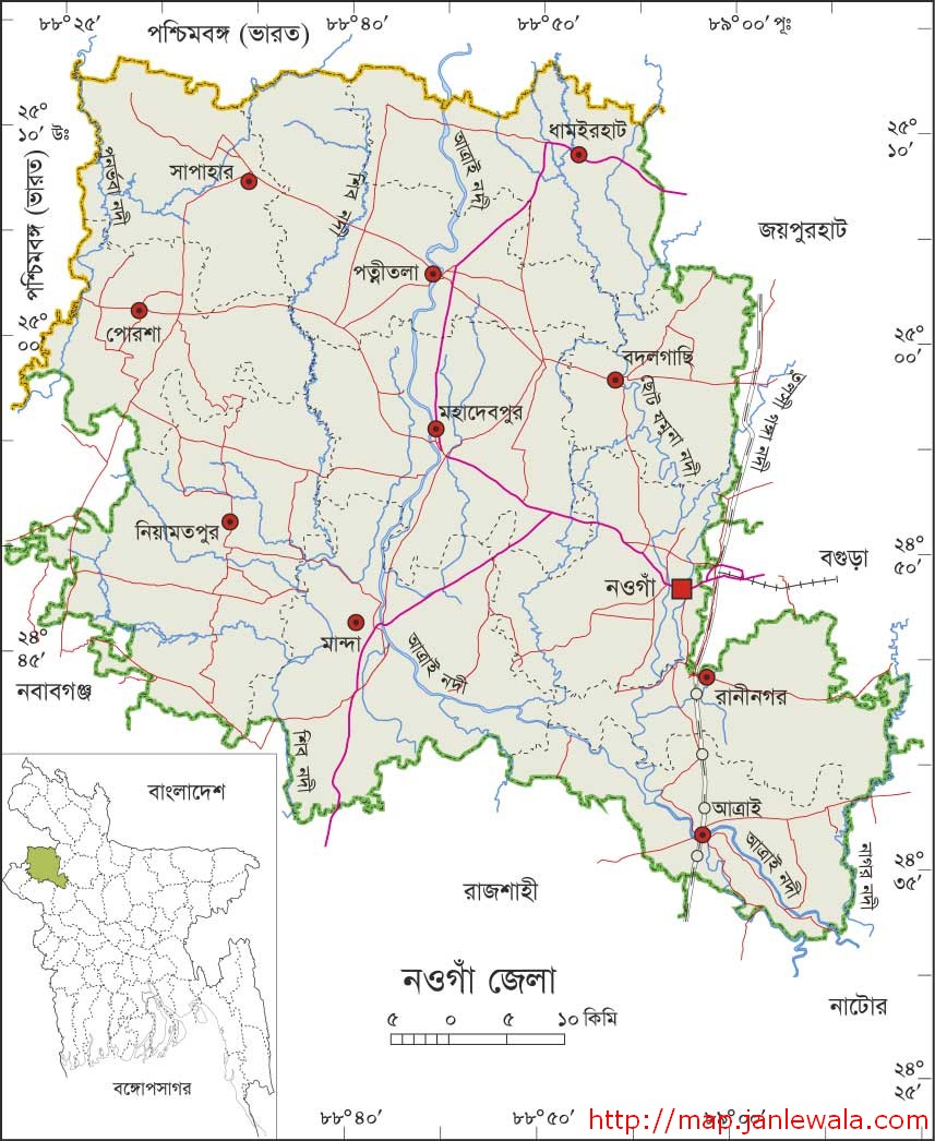 নওগাঁ জেলা মানচিত্র, রাজশাহী বিভাগ, বাংলাদেশ