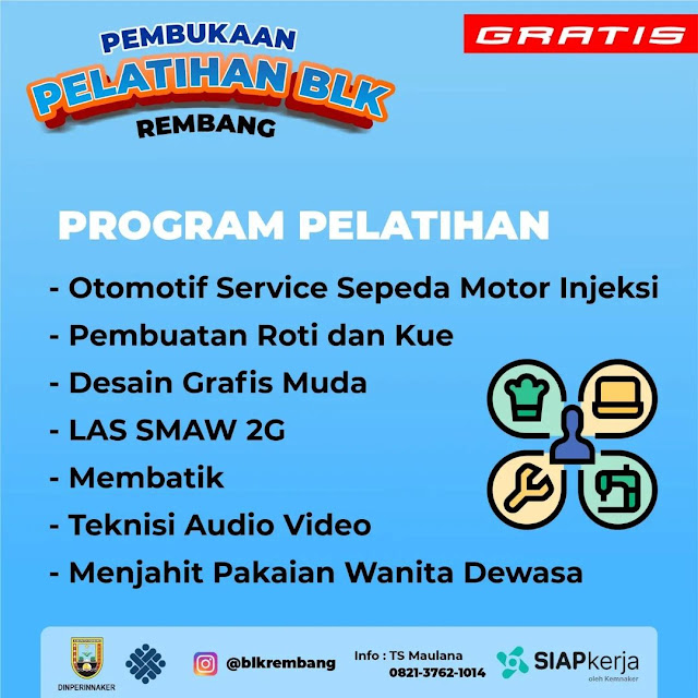 GRATIS ! Pembukaan Pelatihan BLK Rembang Berbasis Kompetensi APBN Tahap 1 Tahun 2023 Tanpa Syarat Pendidikan