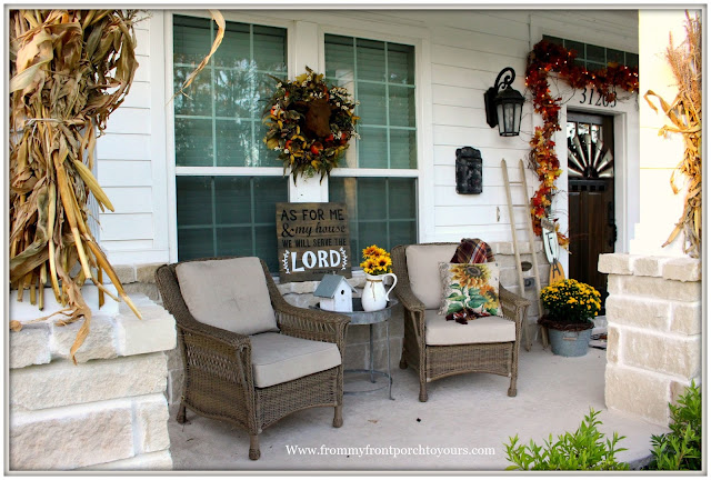 Fall Porch Decorations-Wicker Chairs-Fall Wreath-bessie-Sunflower Pillow-Farmhouse-From My Front Porch To yours