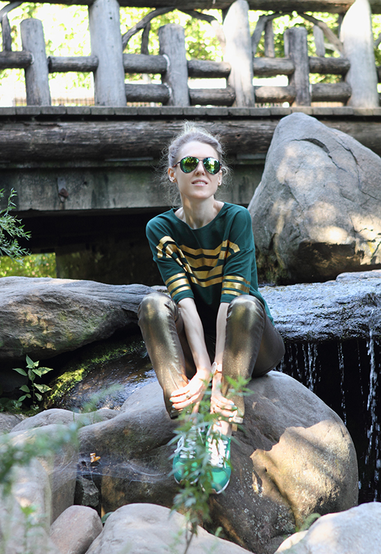 “Green, Gold And A Little Bit Of Magic” Outfit Post on “The Wind of Inspiration” Blog #twoistyle #outfit #ootd #look #style #fashion #personalstyle #fashionblog #fashionblogger (ASOS Top, Washborn Coated Jeans, Ralph Lauren Suede Belt, Reebok Classic Sneakers, Audrey Brooke Paramount Satchel, ASOS Adjustable Band Rings, a_line Marina Watch, Maybelline Color Show Polka Dots Nail Lacquer)