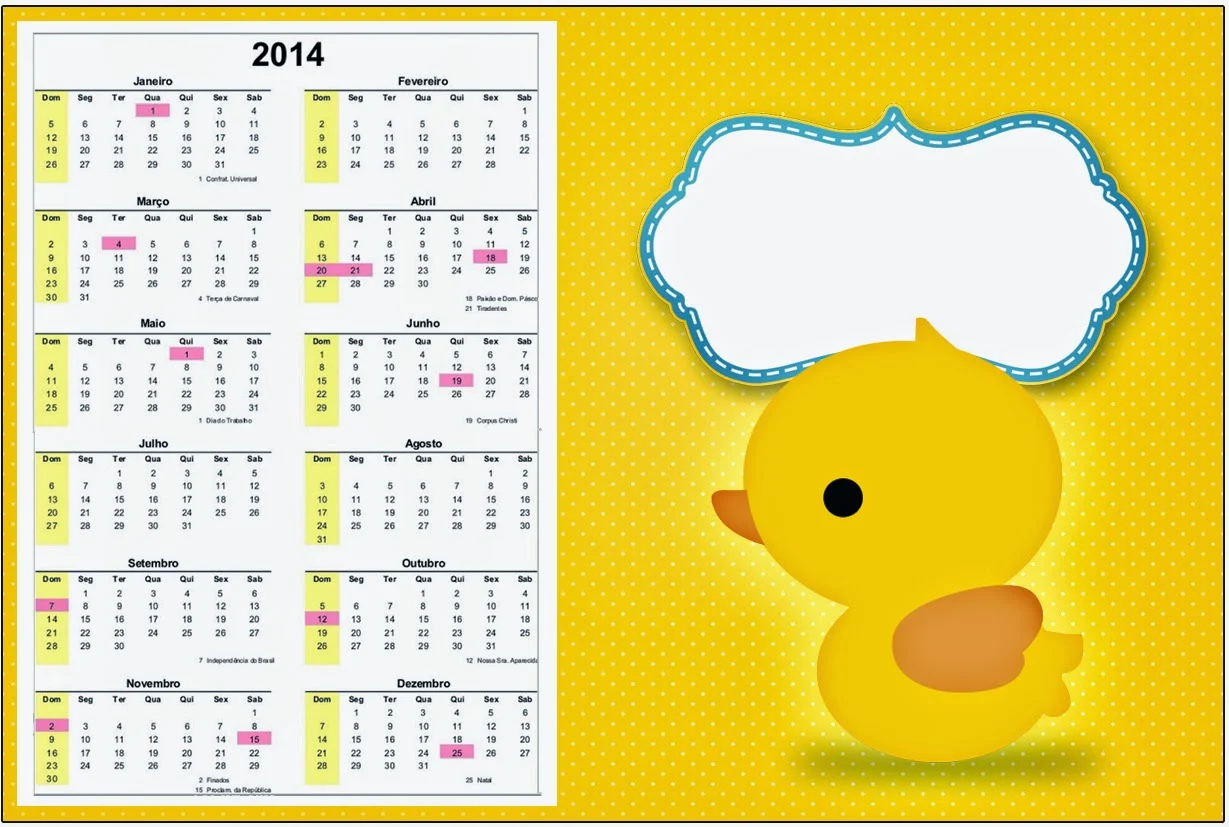 Rubber Ducky 2014 Free Printable Calender.