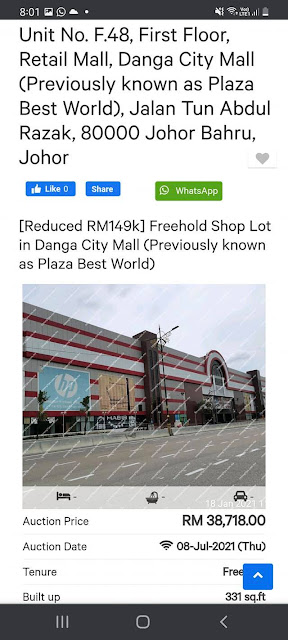 Lot Kedai Untuk Dilelong RM38K di Danga City Mall, Johor Bahru