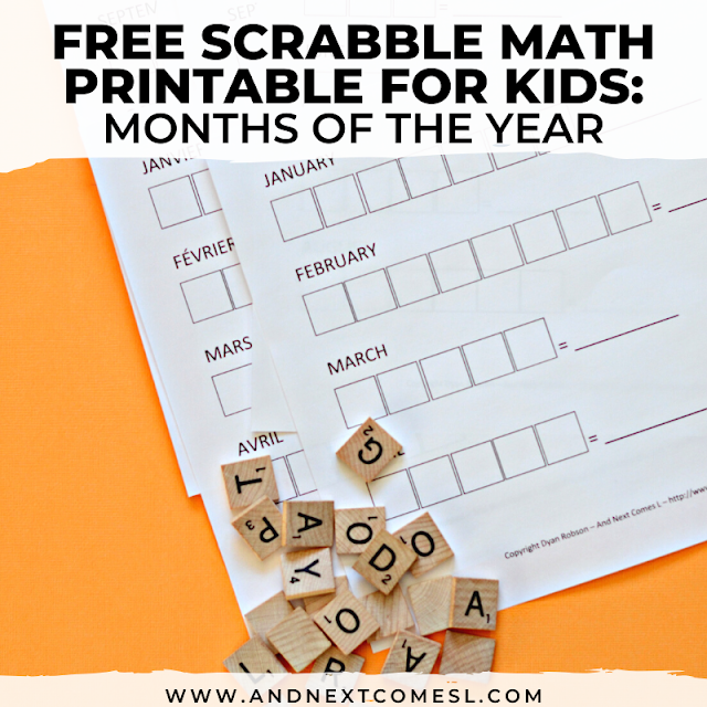 Months of the year free printable Scrabble math worksheet for kids