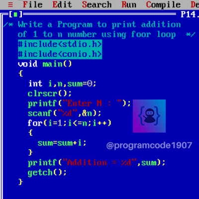 print addition of 1 to n number using for loop c program - Program Code