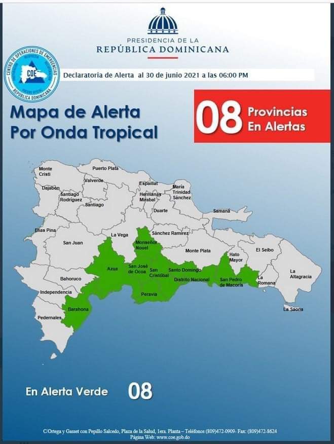 COE declara alerta Verde para 8 provincias por posibles crecidas de ríos, arroyos y cañadas, así como inundaciones repentinas, debido a que una onda tropical estará provocando