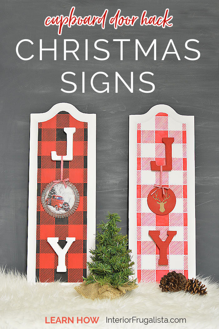 How to repurpose cabinet door panels into festive JOY Christmas Signs by Interior Frugalista and stenciled with rustic buffalo check plaid. Easy and affordable DIY Christmas decoration idea. #christmasdecorations #doorcrafts #festivechristmasideas