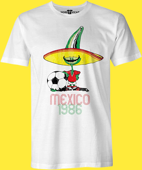 White T-shirt with Mexico '86 world cup mascot and yellow background
