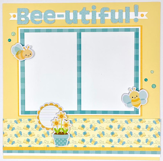 12x12 Spring scrapbook page layout with flowers and bees