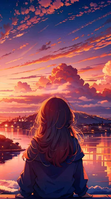 Phone Wallpaper: Sunset, Anime, Girl, Lonely