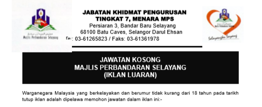 Jawatan Kosong di Majlis Perbandaran Selayang