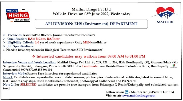 Maithri Drugs | Walk-in drive for Experienced in EHS on 8th June 2022