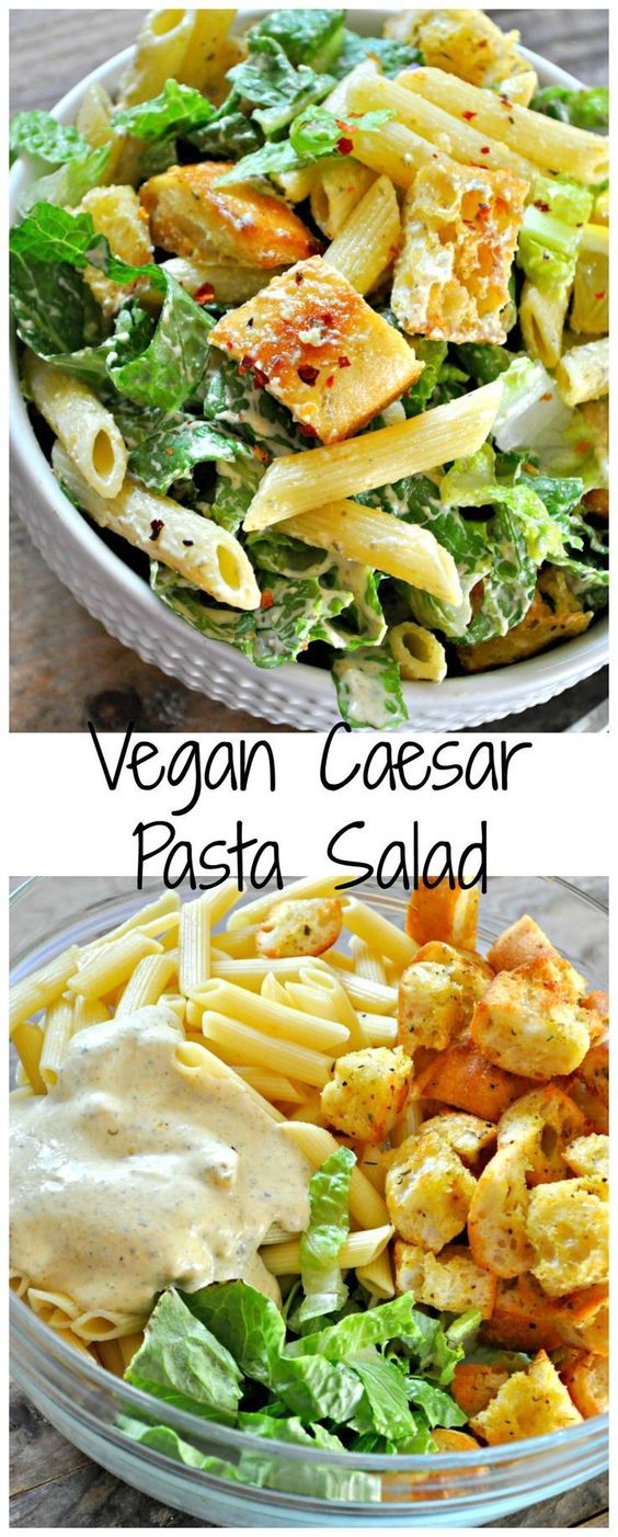 Chopped romaine, pasta, cheesy, herby croutons tossed in the best dang vegan Caesar dressing!