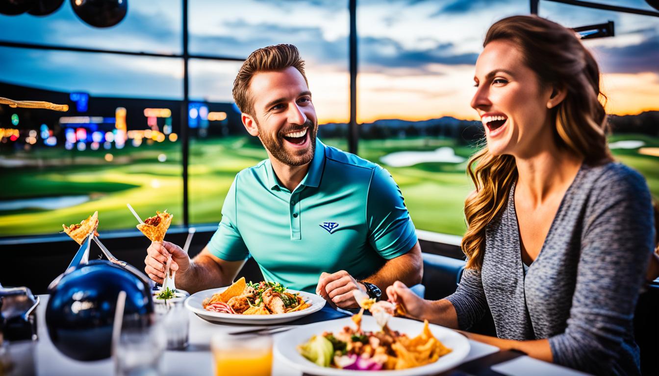 Sizzling platter of grilled meats and vegetables at Topgolf