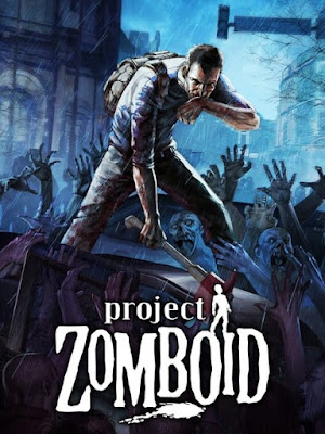 Project Zomboid title sits at the bottom middle of the screen. In focus is a man on top of a car with one hand on an axe and another wiping their mouth with a backpack on their back. Surrounding him is a large amount of zombies eager to grab the human and this plays out to a backdrop of wind and rain