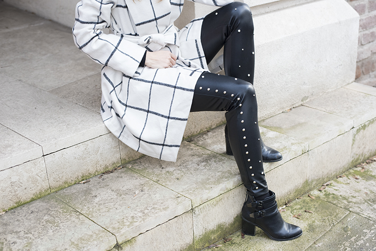 White Grid Winter Coat Studs Pearls Leather Leggings