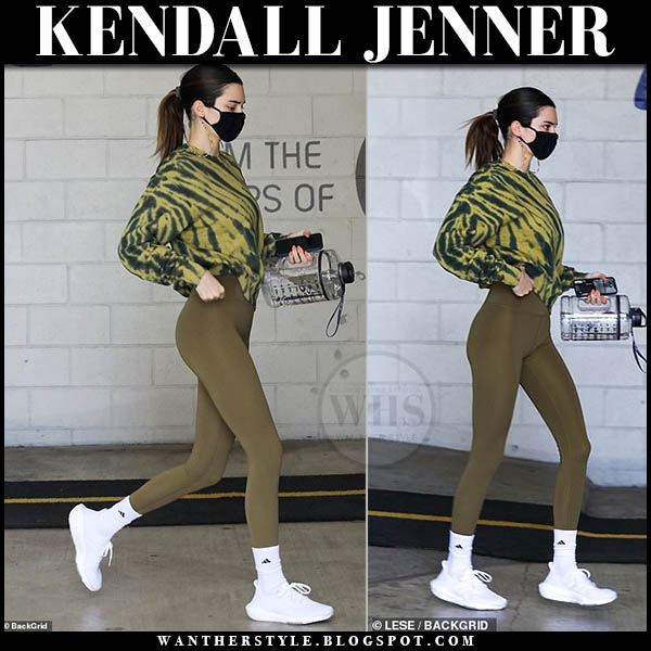 Kendall Jenner in green printed sweatshirt and green leggings